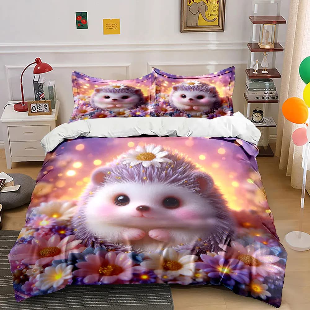 Purple hedgehog surrounded by dreamy flowers Print Bedding Set 1 Duvet Cover 2 Pillowcases for Adult and Children Luxury Gift
