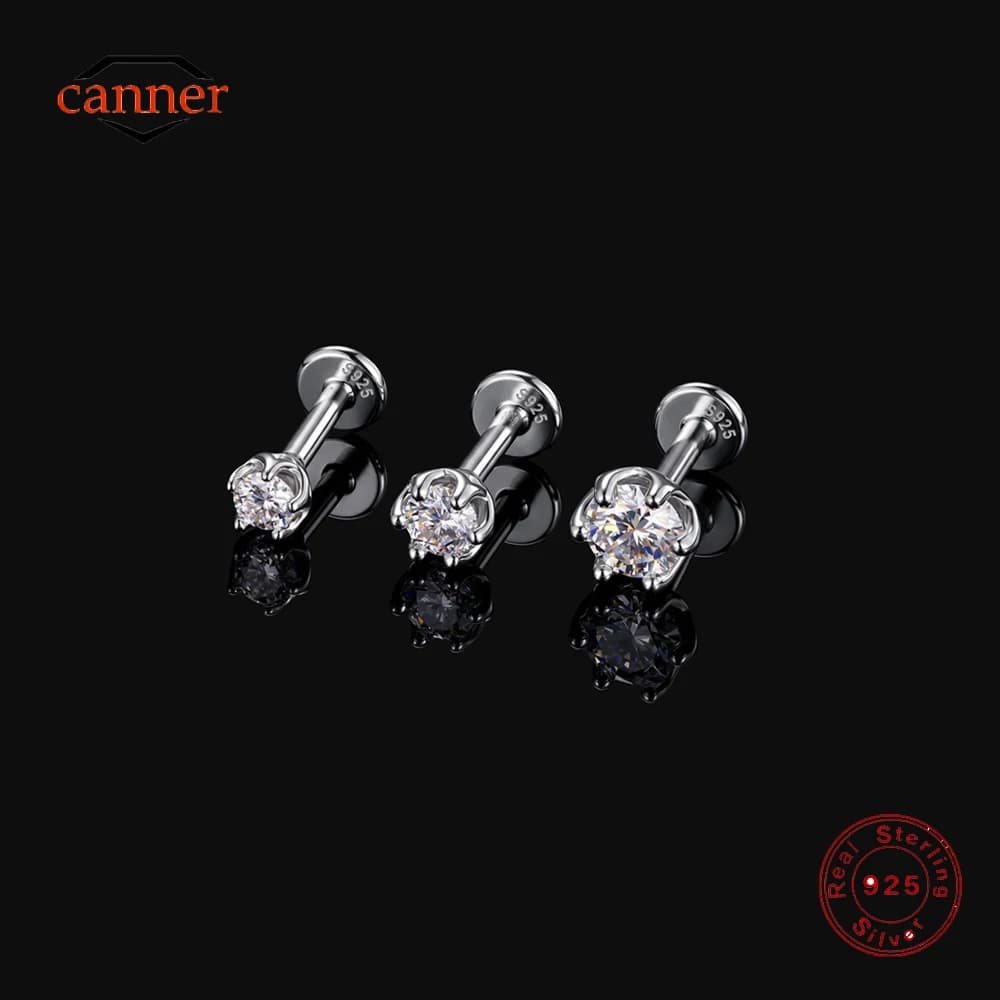 CANNER 1PC 6 Claws Luxury Sparkling Moissanite Flat Back Piercing Ear Bone Studs For Women 925 Sterling Silver Simple Earrings