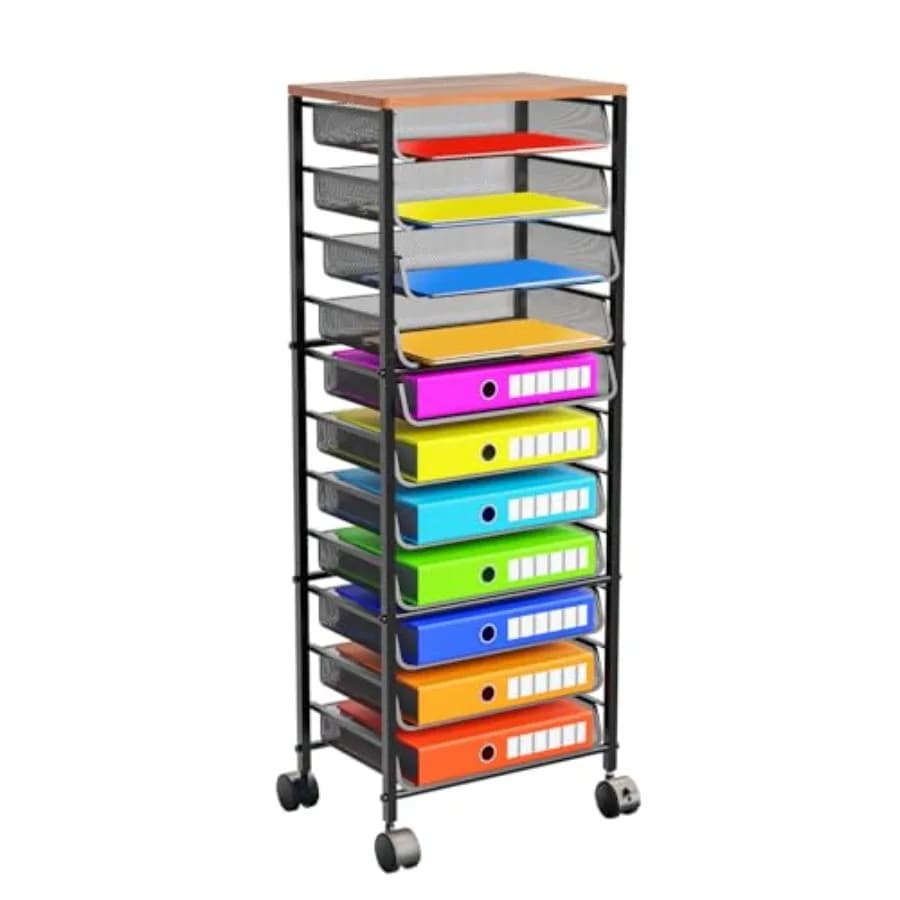 Carrello Portadocumenti con Ruote, Organizzatore da Scrivania in Legno con Cassetti Scorrevoli e Rete Metallica, Contenitore Multifunzionale per Documenti e Lettere
