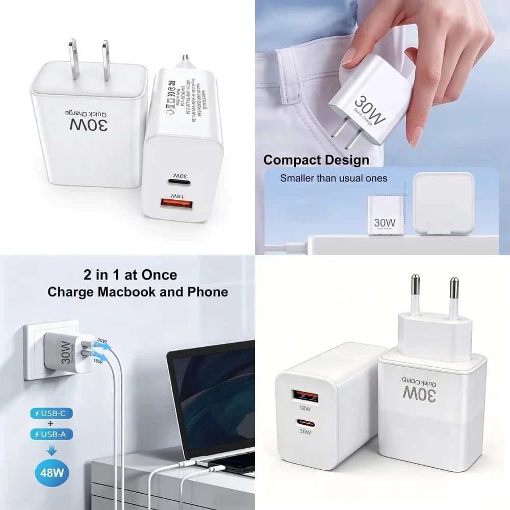 30W PD QC Fast Charger Dual Port EU US Plug Smart Charging Brick for iPhone 17 16 15 Pro Max Samsung S26 S25 S24 S23 Ultra iPad
