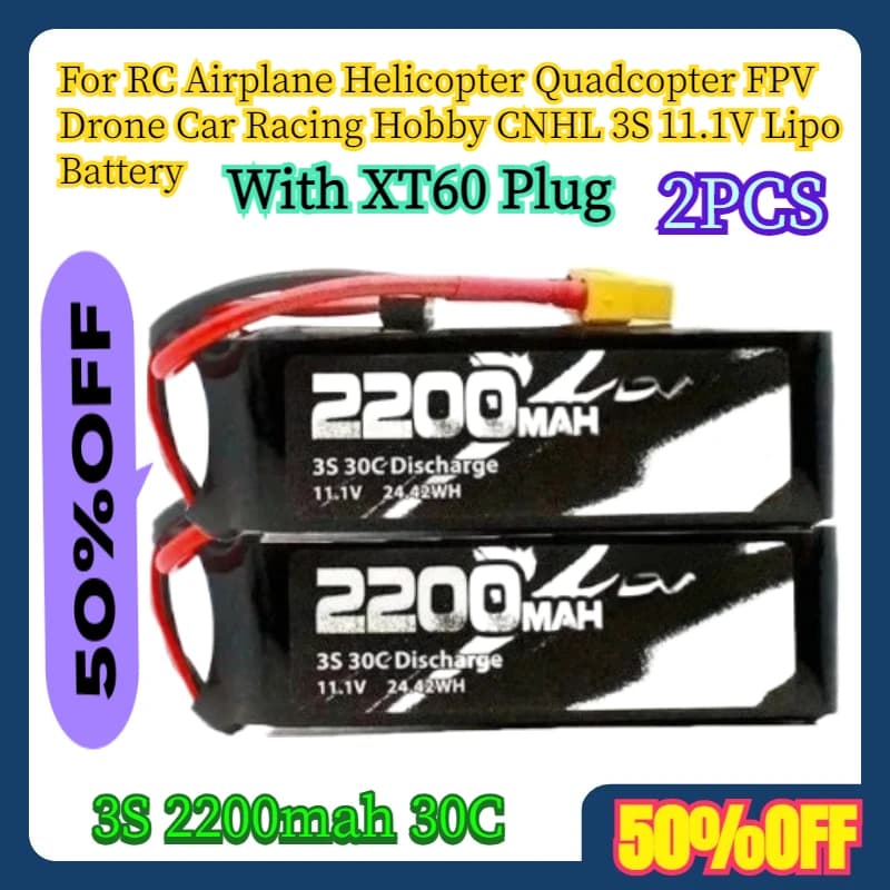 2 Pezzi Batteria Lipo 3S 2200mAh 30C 11.1V con Connettore XT60 per Aeromodelli RC, Elicotteri, Quadricotteri, Droni FPV, Auto da Corsa, Hobby CNHL