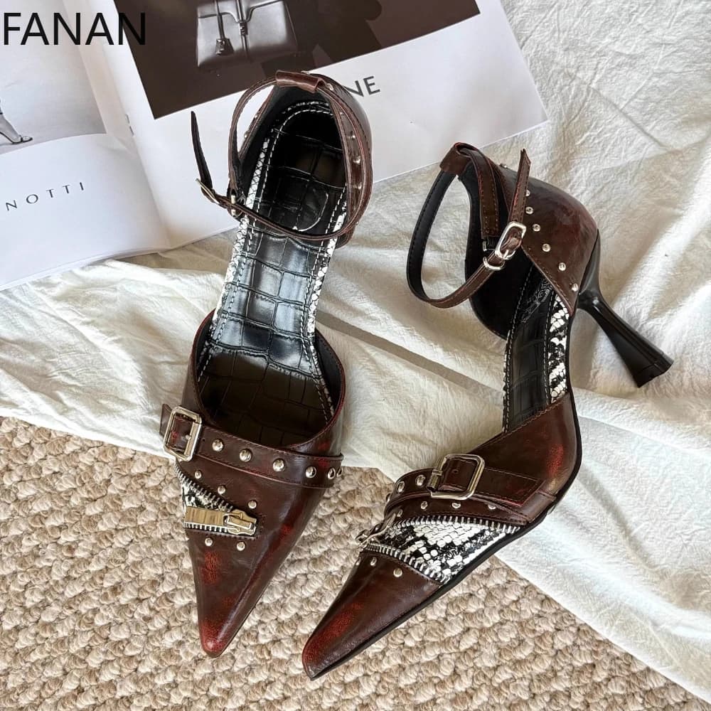 Genuine Leather Punk Rivet High Heel Sandals Women's Shoes Edgy Bar Heels Pointed Toe Sexy Retro Sandals 2026 Collection