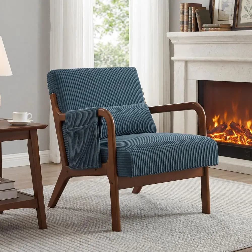 Poltrona Moderna Stile Mid-Century, Sedia Imbottita con Cuscino Lombare e Struttura in Legno Massello, Comoda Sedia da Lettura per Piccoli Spazi