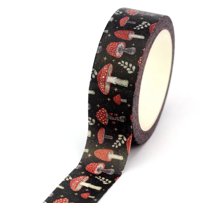 NEW 1PC 10M Deco Red Mushrooms Beige Leaf on Black Washi Tape for Journaling Stickers Adhesive Masking Tape Cute Stationery