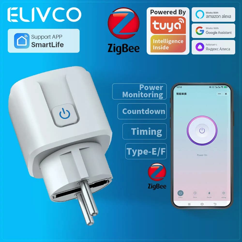 Intelligent Tuya Zigbee EU with Consumption Monitoring, Timer, Vocal Control Compatible with Alexa, Google Assistant and Alice