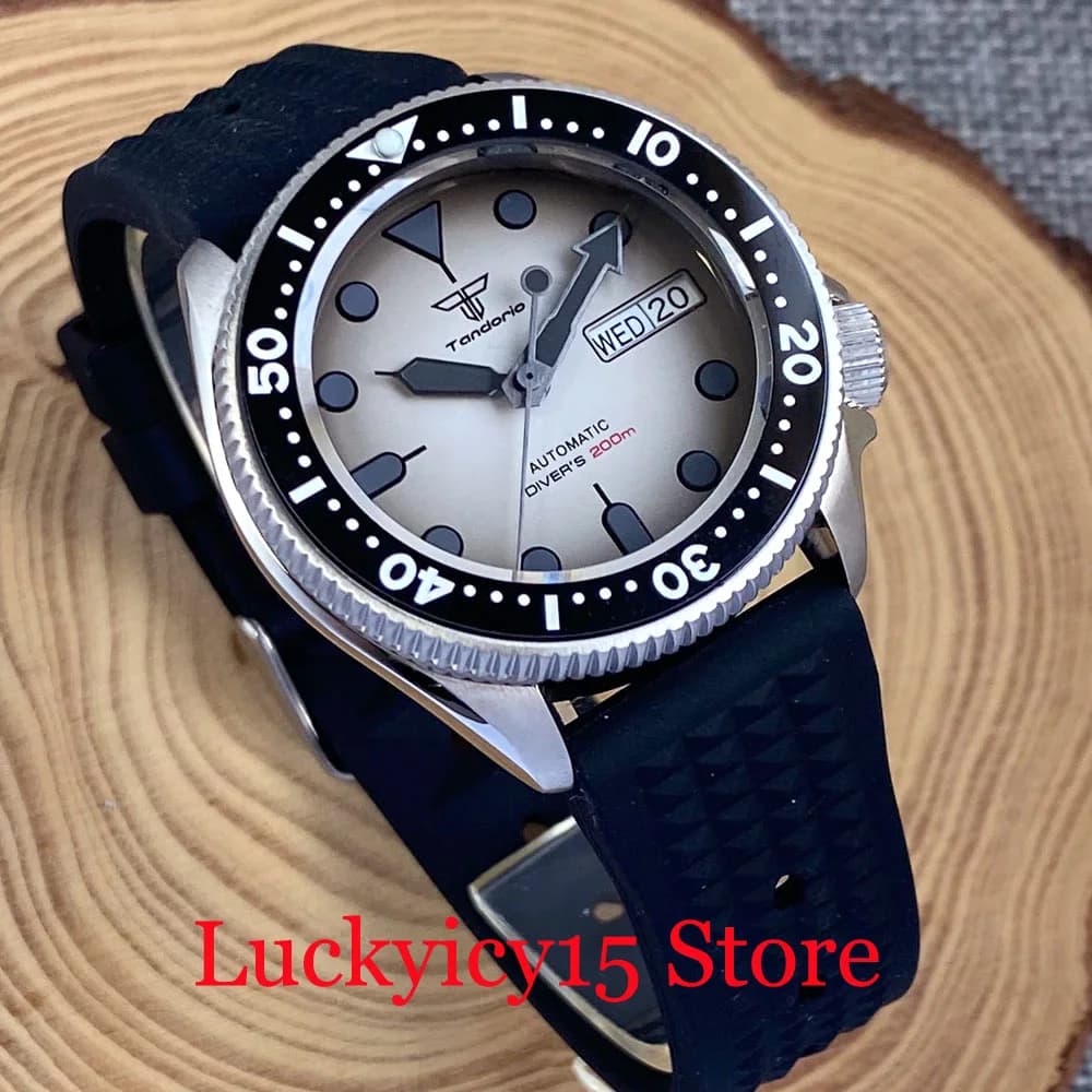 Tandorio 200m 37MM Black White Automatic NH36A Men's Mechanism with Day/Settimana Glass Sapphire Crown 3.8