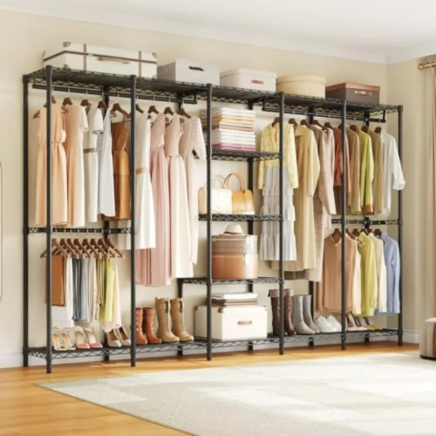 Sistema Organizzatore Armadio Portatile F5 Extra Large con Tubi Industriali, Appendiabiti e Ripiani, Larghezza 88,6''