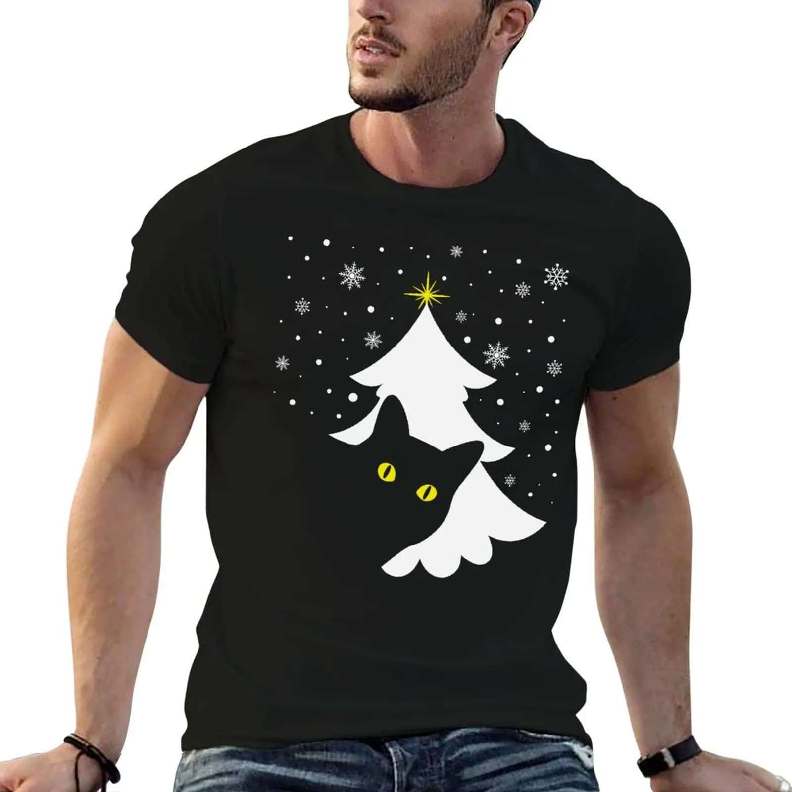 Regalo dell'albero di Natale del gatto nero per gli amanti dei gatti T-shirt da uomo t-shirt in cotone pesante t-shirt personalizzata