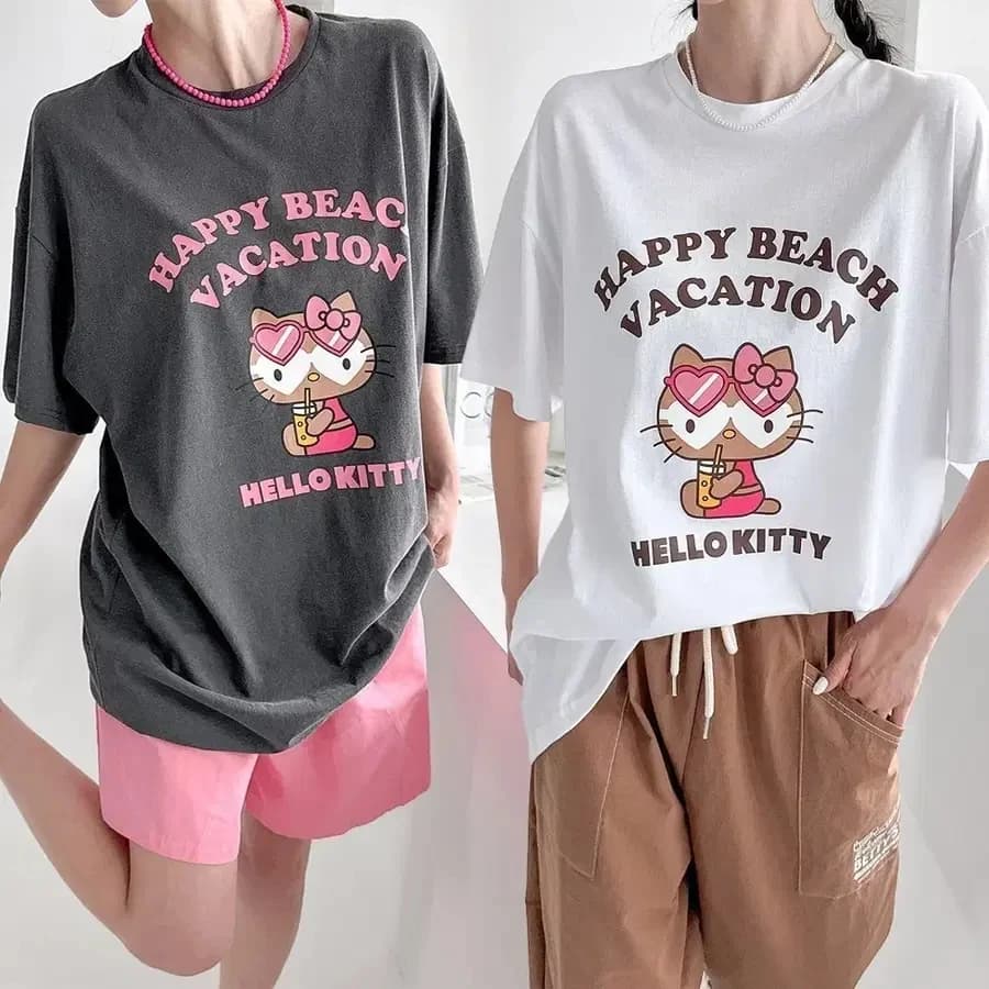 Hello Kitty Happy Beach Vacation Print 2026 Merch Tshirt 100%Cotton Unisex Men‘s Women's T-Shirt Y2k Popular Fashion Casual Tee