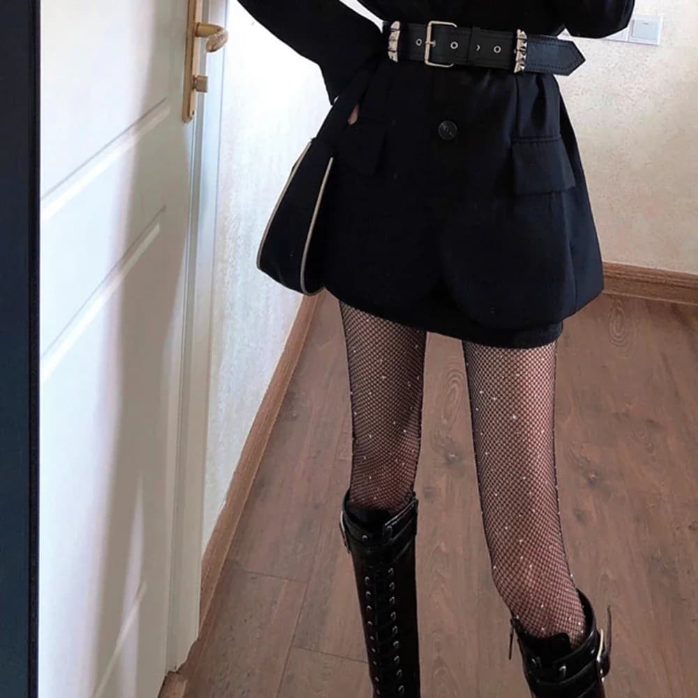Calzini da rete da pesca vuoti sexy da donna estivi Collant collant con strass lucidi Calze di colore bianco nero