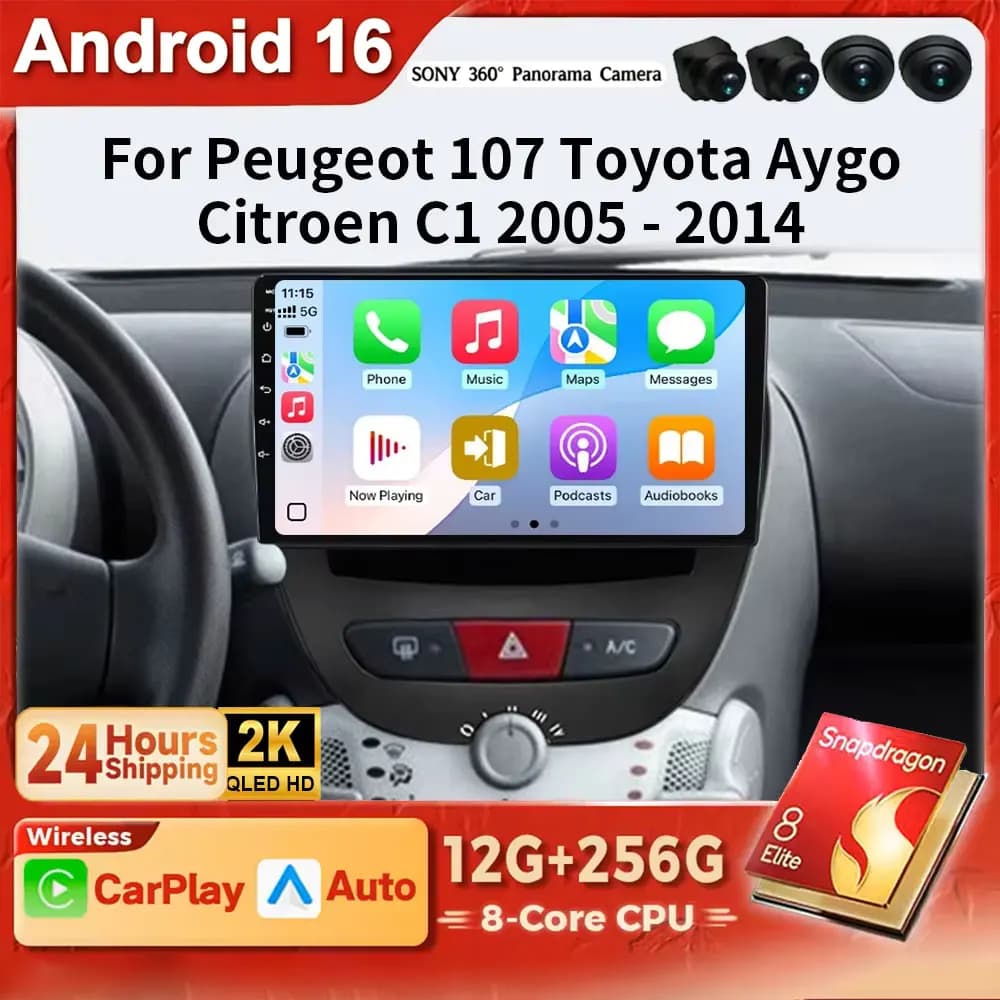 Android 15 2K QLED Wireless CarPlay Auto Car Radio For Peugeot 107 Toyota Aygo Citroen C1 2005-2014 GPS Multimedia 2din System