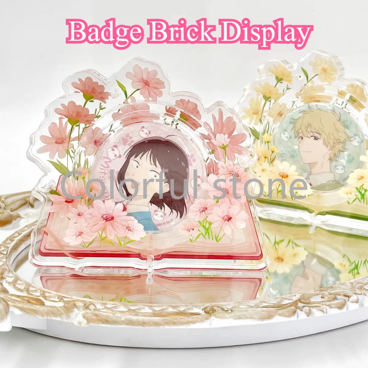 Espositore per badge in acrilico personaggio anime Vetrina portaoggetti decorativa Merci Scatola portaoggetti per mattoni Display 58 65 75mm Senza distintivo