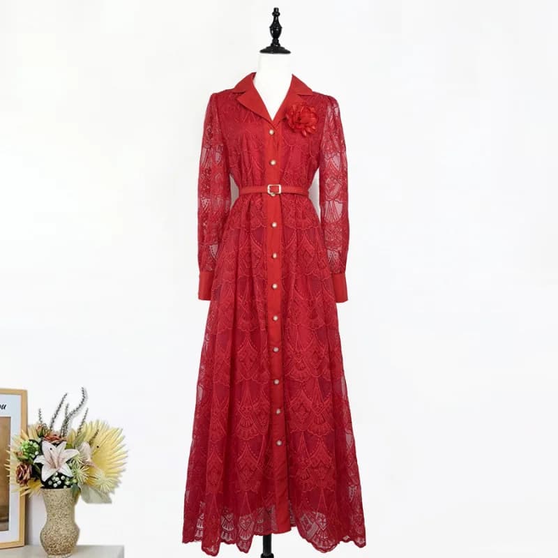 French Elegance Embroidered Lace Dress Dresses for Women Spring Summer Hollow Out Belted Long Jumpsuit