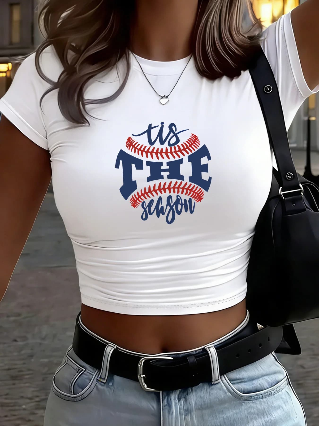 Y2K Summer Short-Sleeve T-Shirt with Print, Featuring a Baseball Graphic and "Tis the Season" Text. Suitable for Daily Casual Wear, S and Apparel, Sister Gatherings, Dates, and as a Versatile Crop Top for Hot Style Outfits