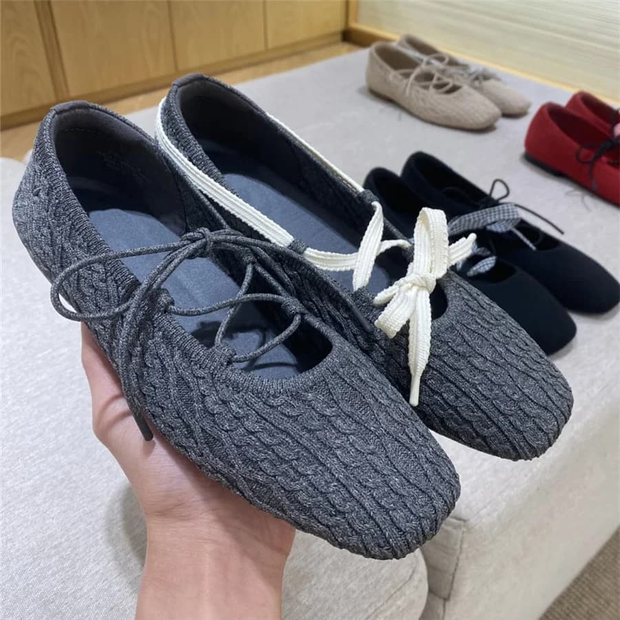 Scarpe da Balletto Lavorate a Maglia da Designer, Mary Jane da Donna con Punta Quadrata, Nuove Scarpe Basse Casual con Fasce Incrociate e Lacci, Collezione Primavera 2026