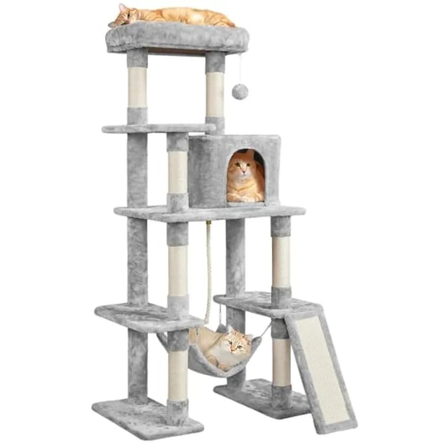 Cat Tree Tower for Large Cats, Multi-Level Condo and Hammock Sisal posts, scratch board, roomy condo, hammock, and a wide 21-in