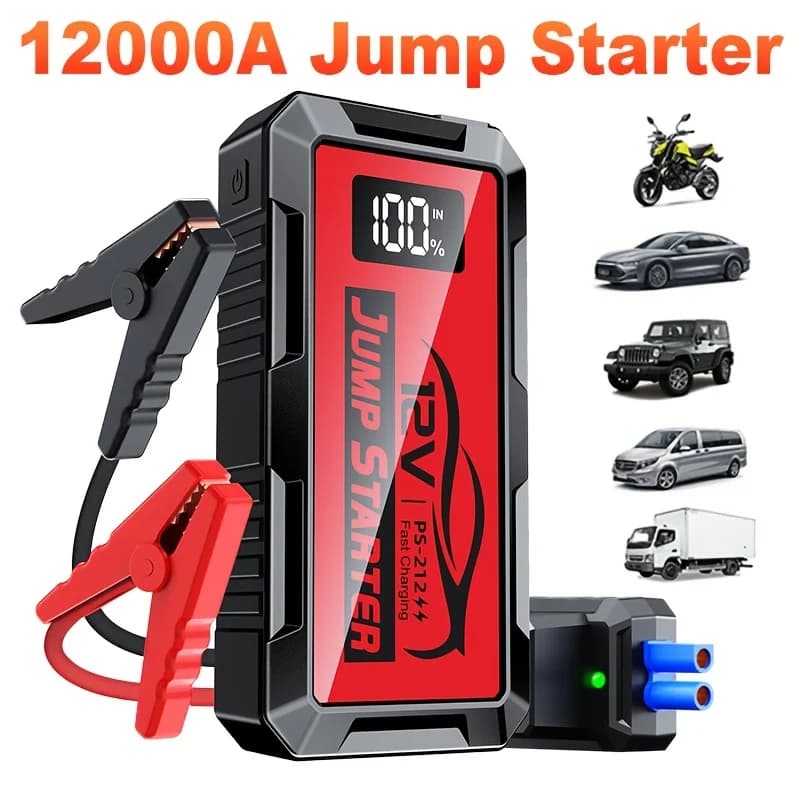 4000-12000A emergency starting power supply (optional 15000-20000A peak starter air pump) 12V car battery jump starter, equipped with air compressor, with 150 PSI tire inflator, 7-in-1 roadside rescue toolkit, LED light, portable power bank