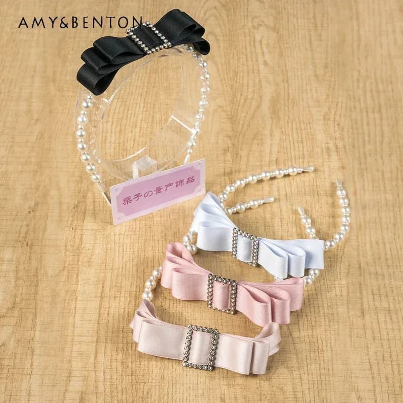 25COSJapanese Mass-produced Pearl Headband High-end Square Diamond Bow Mine Lolita Hair Clips Sweet Retro French Princess Headba