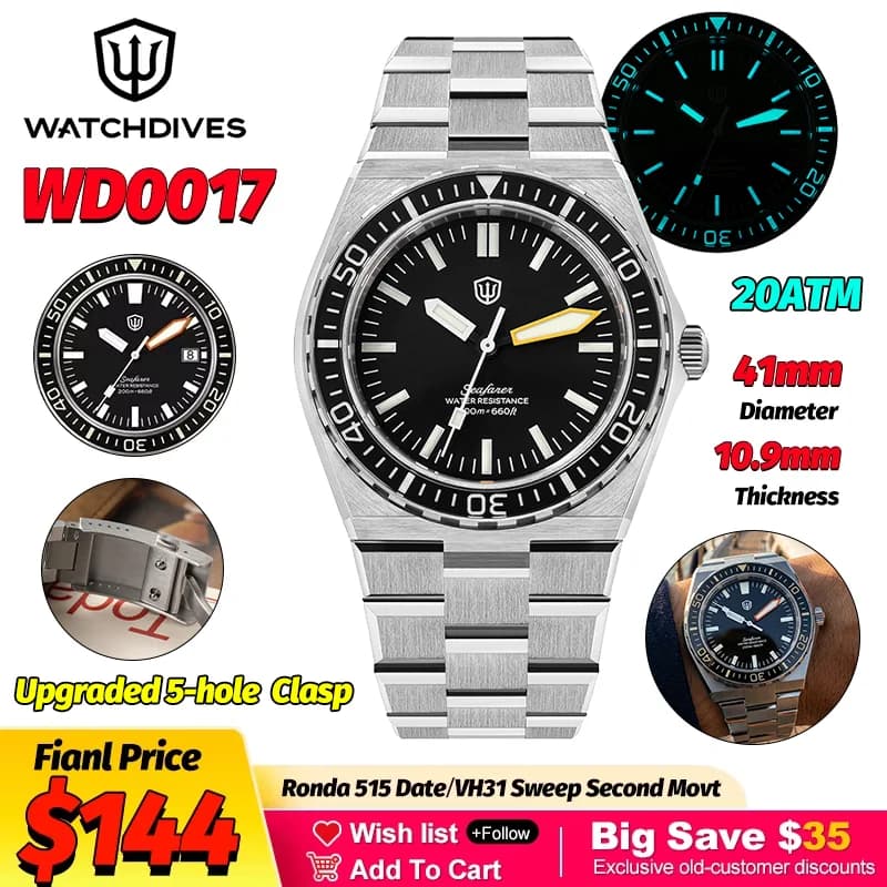 Watchdives WD0017 Men's Quartz Watch 41mm, VH31 Movement, AR Sapphire Glass, Bright, Waterproof 20Bar, Stainless Steel, Luxury Watch