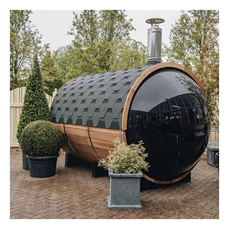 Sauna a Botte Panoramica da Giardino in Legno Massello con Stufa a Legna