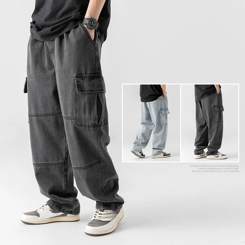 Vintage Fashion 2025 Pantaloni da uomo in denim a gamba larga larghi multitasche alla moda casual da uomo Pantaloni jeans cargo di base semplici da uomo