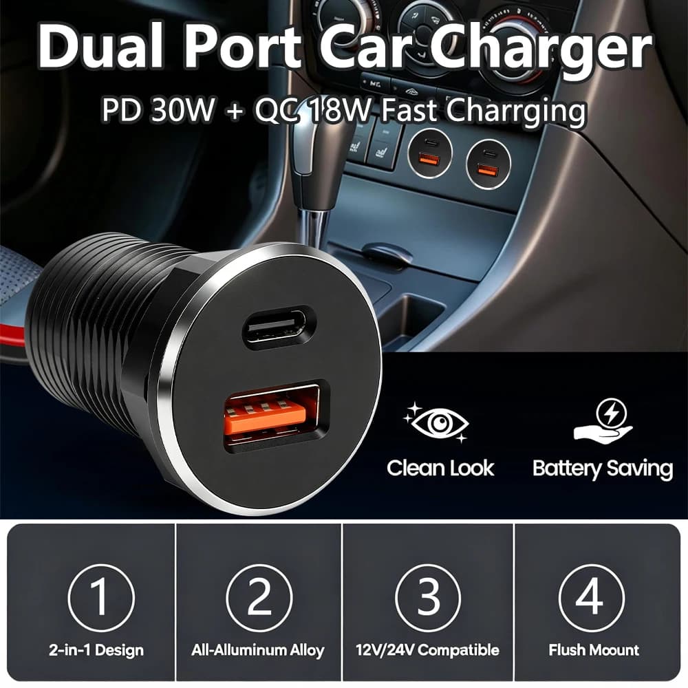 Car Mobile Phone Charger Aluminum Alloy Modified Car Charger Cigarette Lighter 12V/24V USB Outlet 30W PD Type-C & 18W QC3.0