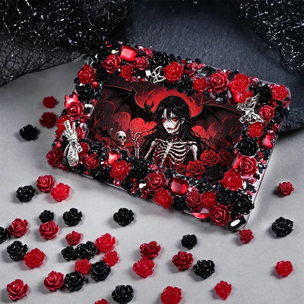 100pcs Red Black Rose Flowers Resin Fillings Gothic Photo Frame Handmade Decoden Decorations Resin Shaker Fillers Retro Camellia