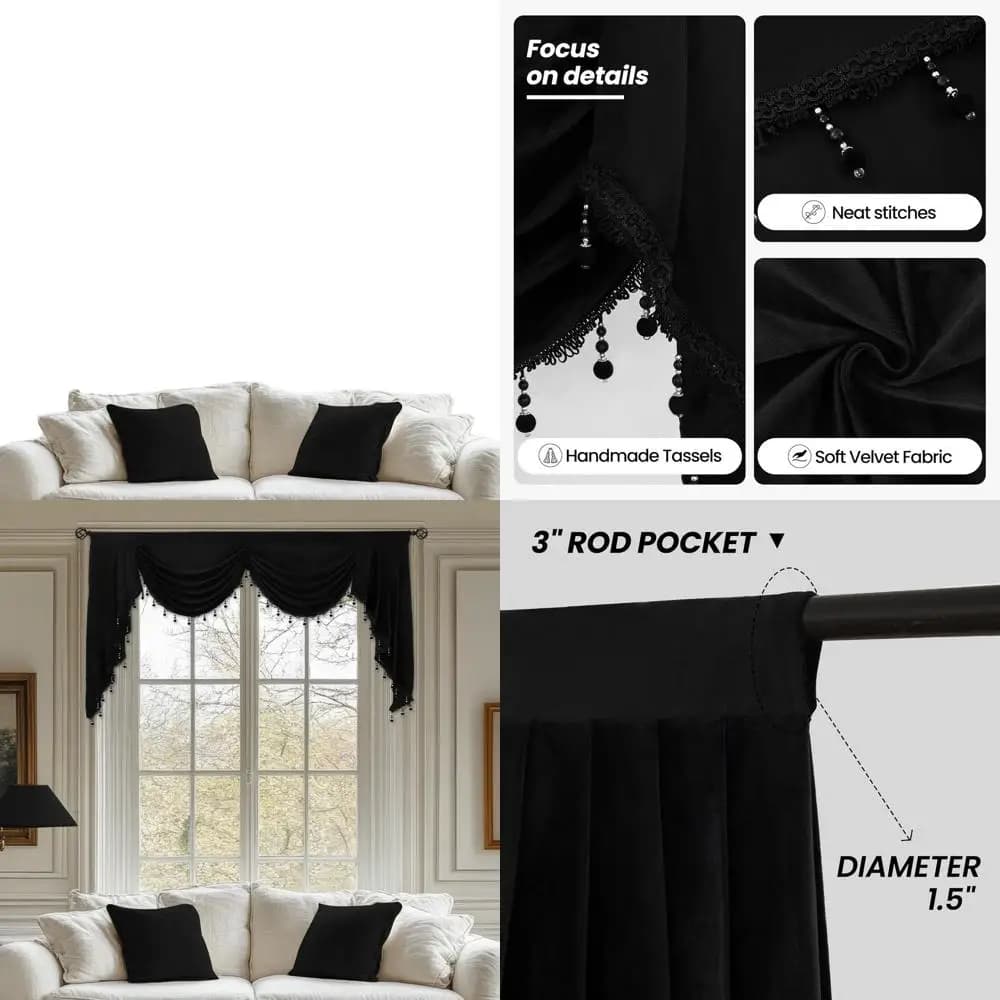 Elegante mantovana tascabile con asta in velluto nero con nappe, 59 stile cascata per camera da letto, 1 pannello