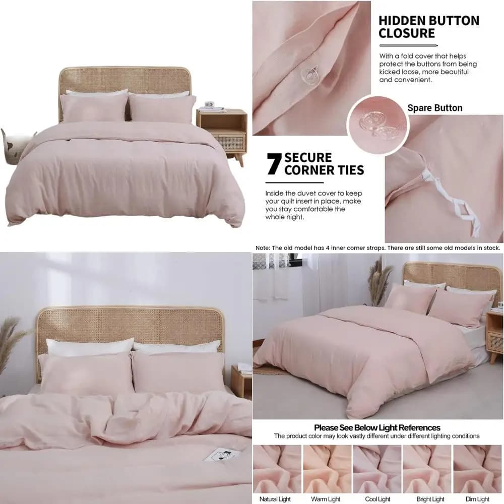 Set Copripiumino 100% Lino, 3 Pezzi, Lavaggio Francese Naturale, Traspirante, Chiusura a Bottoni, Rosa Cipria, Biancheria da Letto King Size