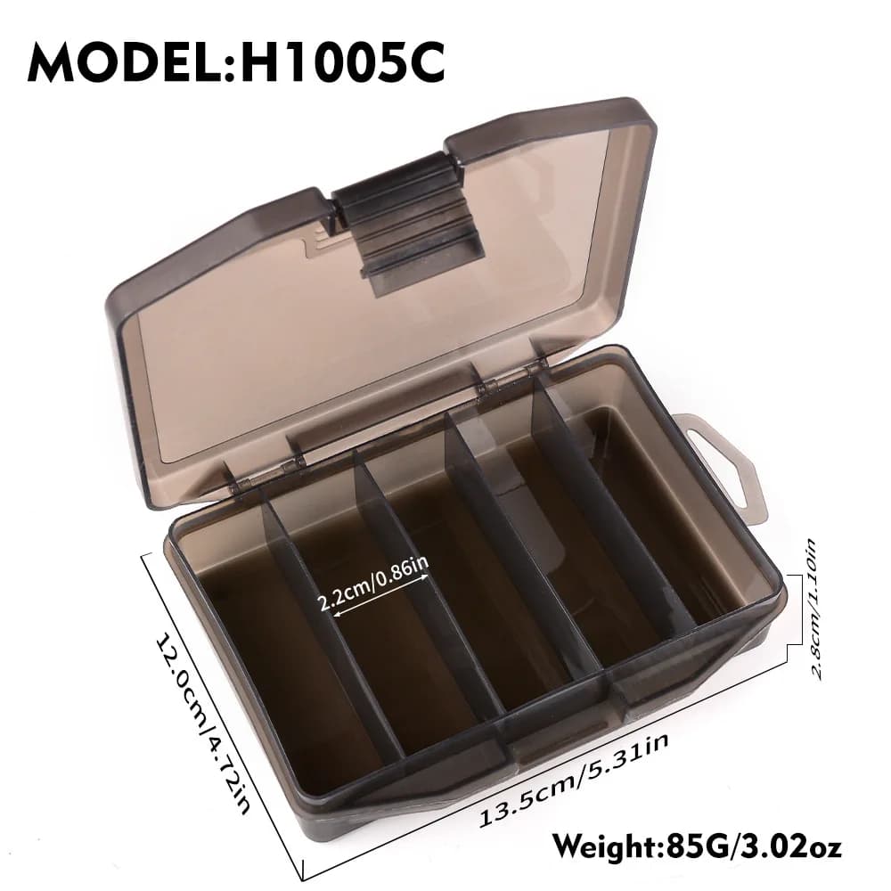 Plastic bait box, fishing gear organizer, impact resistant, opening on one side for minnow-shaped baits