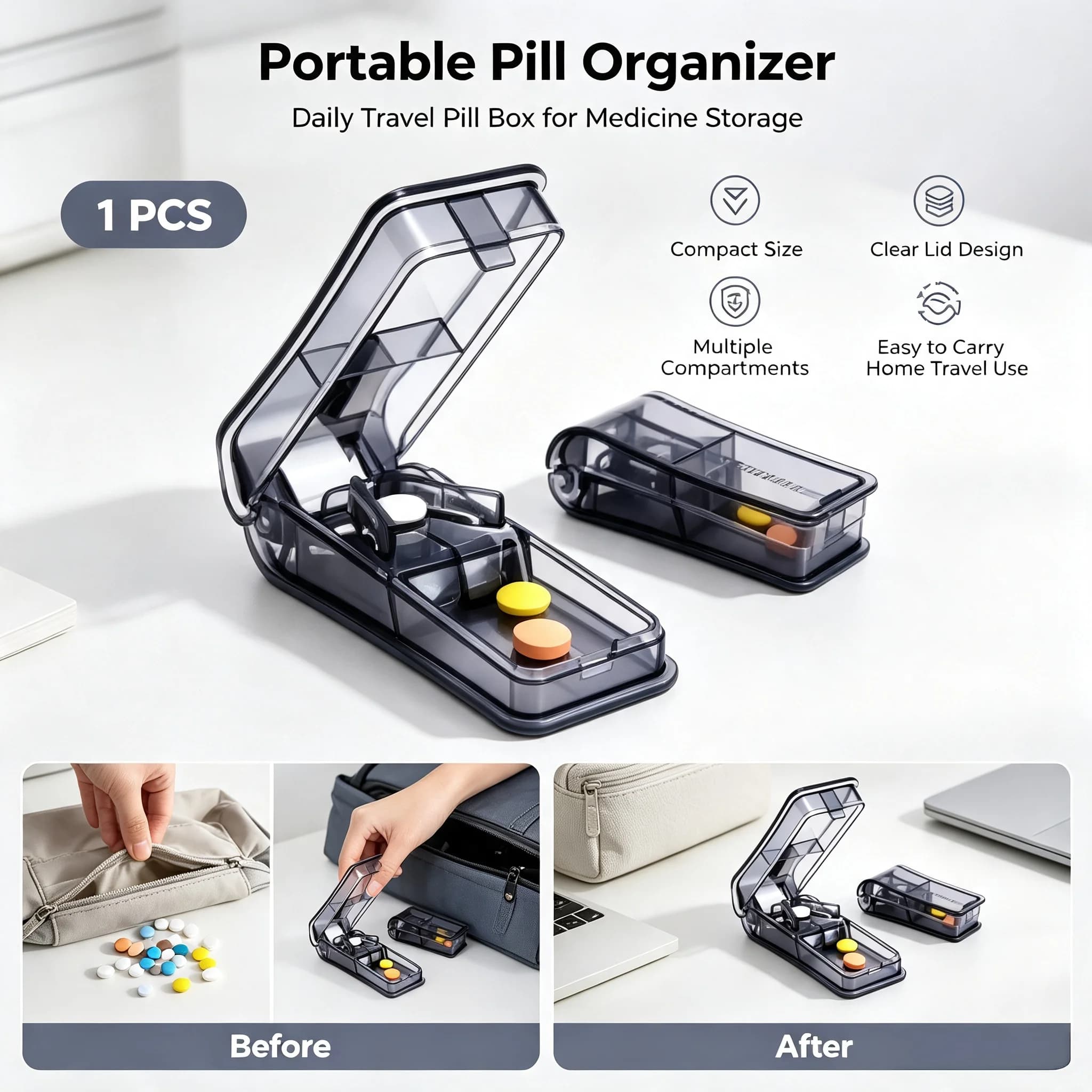 Portable Pill Splitter Cutter with Storage Box Medicine Organizer Container for Tablets Vitamins Home Travel Medication Use