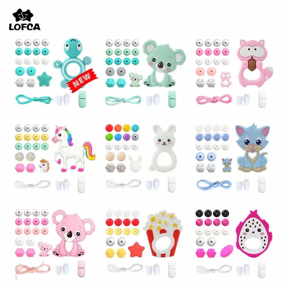 LOFCA Silicone Massage Charms Wood Beads Set BPA Free FAI From Theme Baby Dentition Necklace Koala Comics Toy