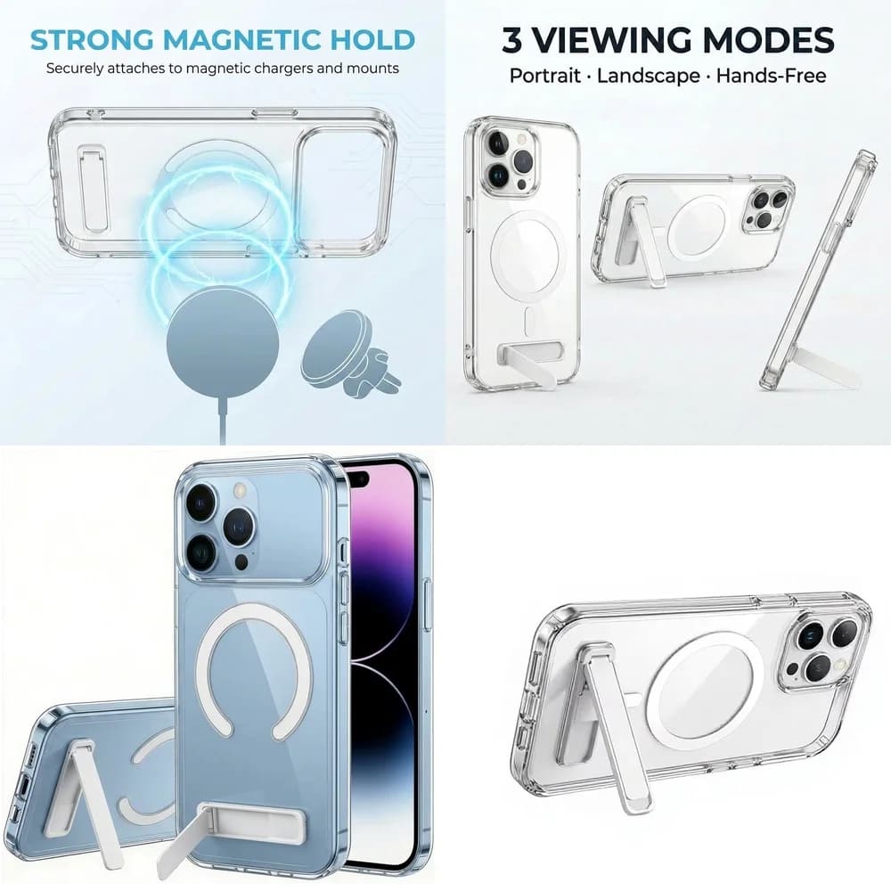 Premium Clear Magnetic Back Cover with Holder Stand Full Body Protection for iPhone 17 Pro Max 16 15 Plus 14 13 12 mini 11
