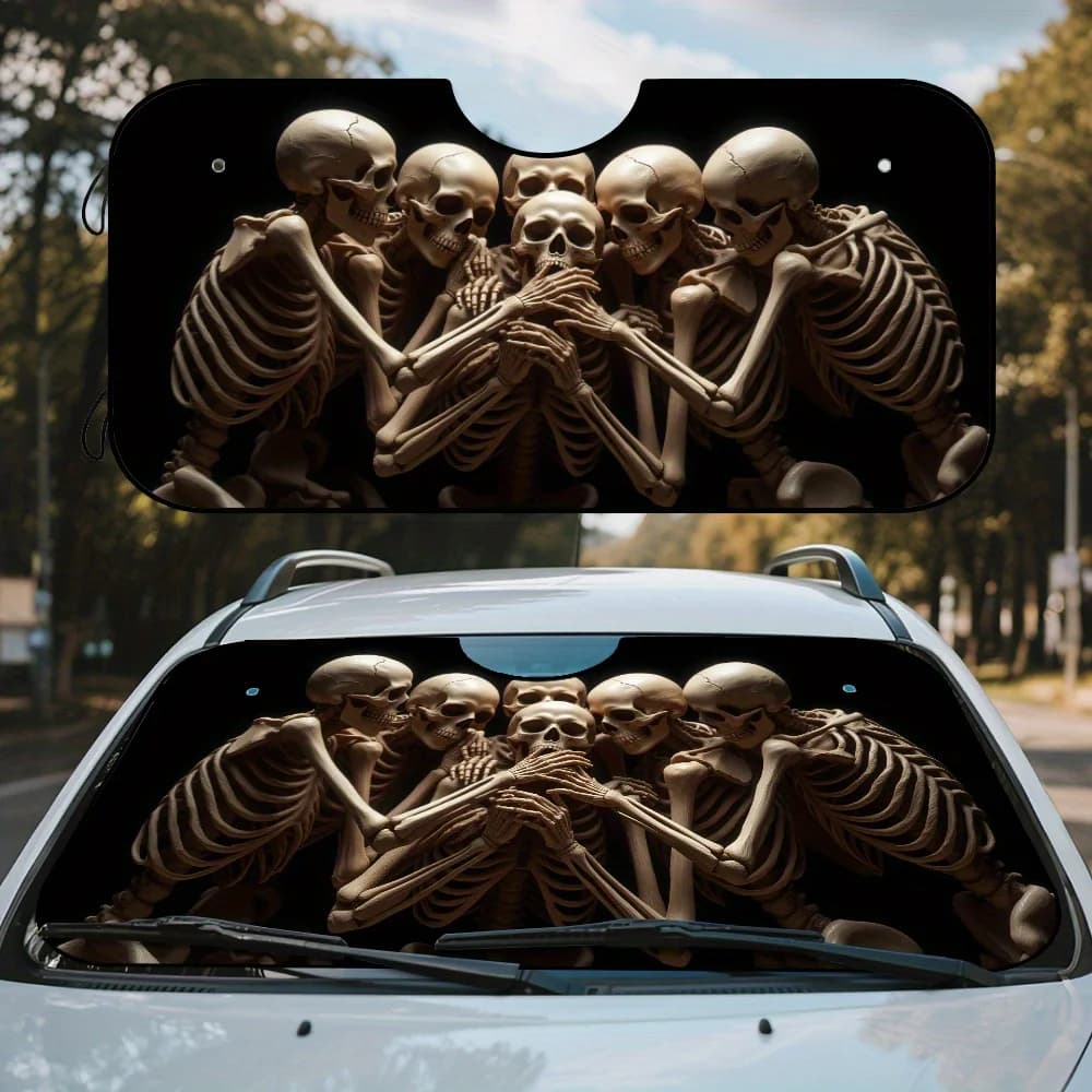 1pc Dark Skeleton Embrace Art Car Windshield Sunshade - Foldable UV Protection & Heat Reduction Sun Visor, Modern Skeleton Desig