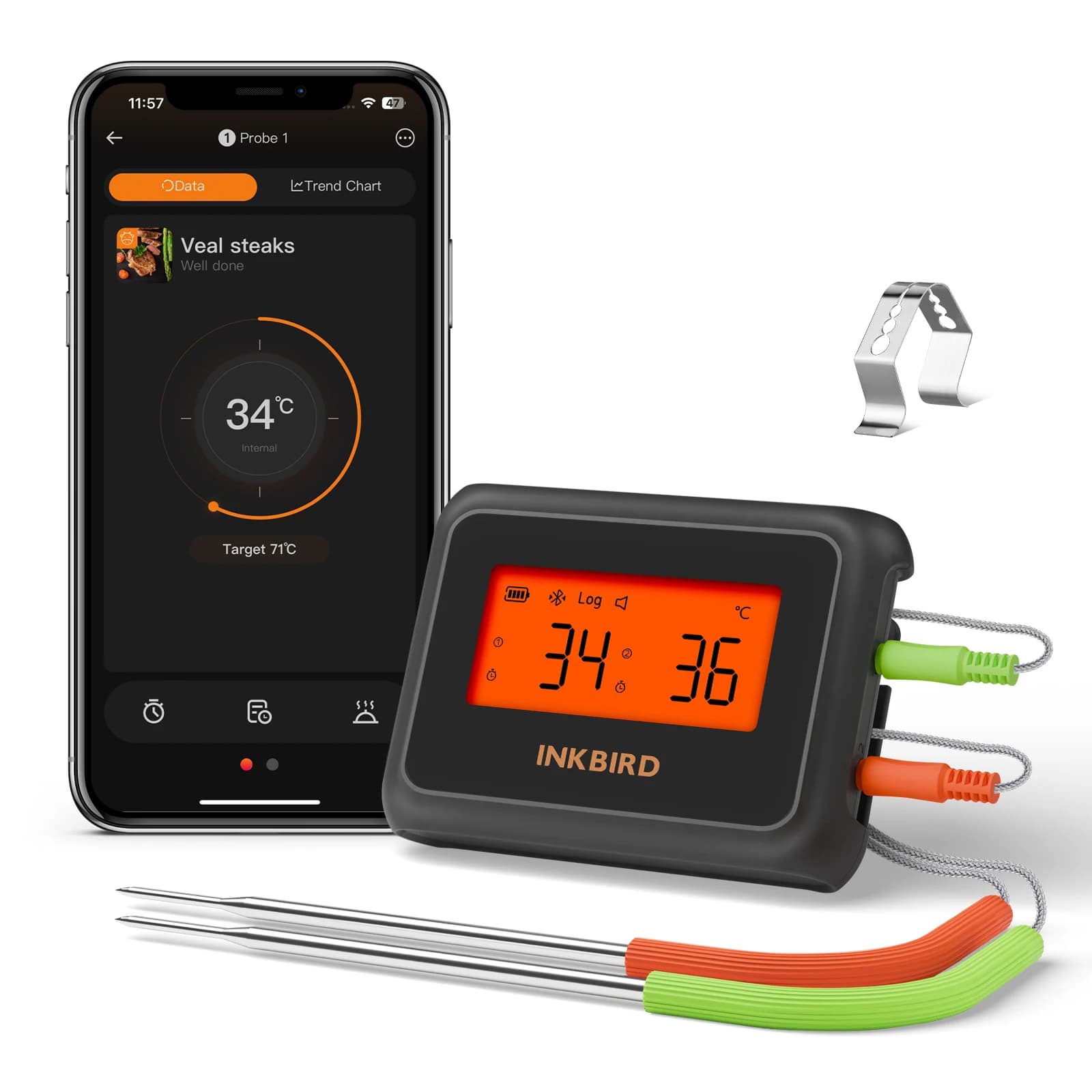 INKBIRD IDT-22-B Termometro per carne per alimenti Bluetooth intelligente 2 sonde con app Memorizzazione dati offline Allarmi di temperatura LCD HD per barbecue
