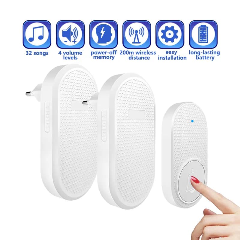 Campanello senza fili da 32 brani Campanello per porta di benvenuto Carillon Trasmissione remota Smart Home Allarme di sicurezza di emergenza con un clic Spina USA UE
