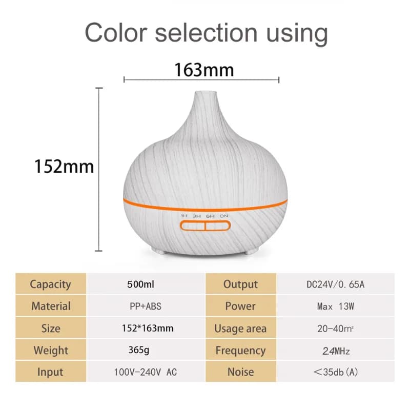 500ml Aromatherapy Diffuser Wood Grain Remote Control Ultrasonic Air Humidifier Cool 7 Color LED Light