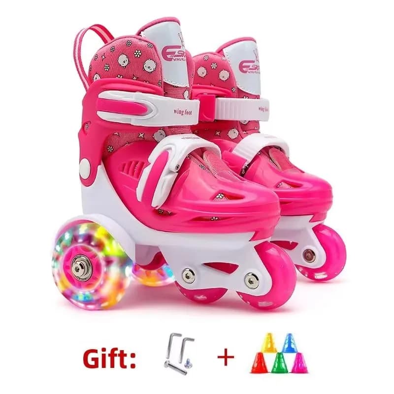 Adjustable Size Kids 4-Wheel Double Row Roller Skates, Flashing Light Beginner Speed Ice Skating Shoes for Children