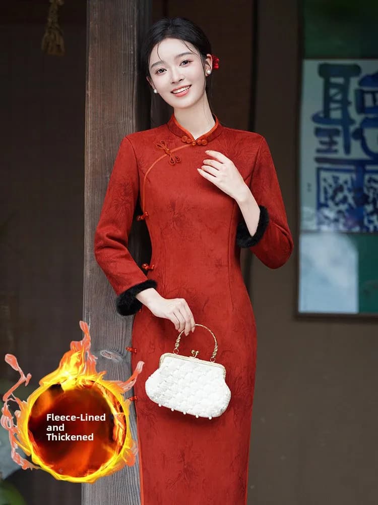 Elegant Red Autumn Winter Long Slant Collar Warm Long Sleeve Midi Dress Slimming Waist Design Daily Wear