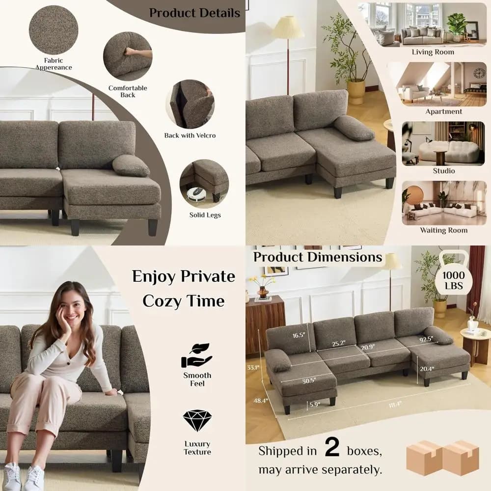 Set di divani a forma di U imbottiti in ciniglia a 4 posti con doppie chaise longue e gambe effetto legno