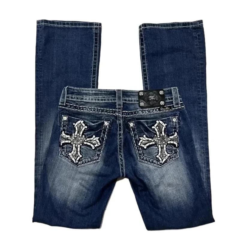 ❤New 2026 Cosplay Costume Y2K Gothic retro miss me boot cut jeans women's blue denim embroidery cross pocket hip ★Halloween gift