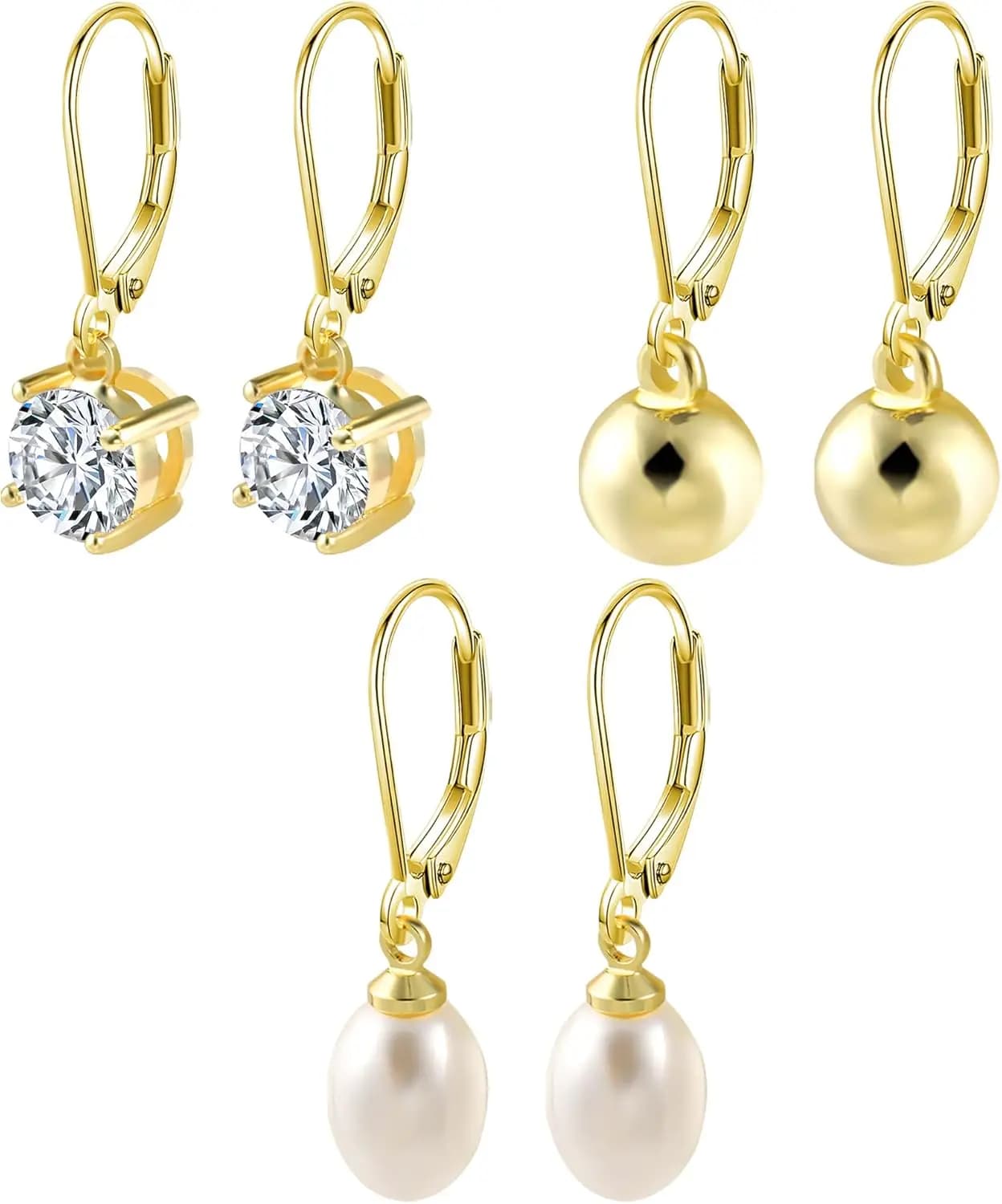 Set di 3 orecchini a perno con chiusura a leva da donna, con zirconi cubici a sfera e perle pendenti (oro 14K)