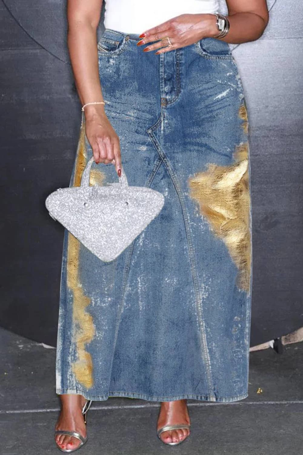 Gonna in Denim taglie forti da donna rivestimento metallico blu quotidiano tasche a vita alta orlo diviso Casual Vintage Streetwear lungo Denim Skir