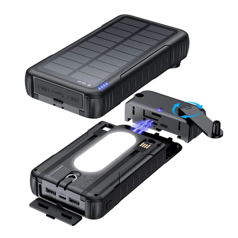 Power Bank Solare Portatile con Manovella 20000mAh per Esterni, Caricabatterie di Emergenza per iPhone Xiaomi Samsung Huawei