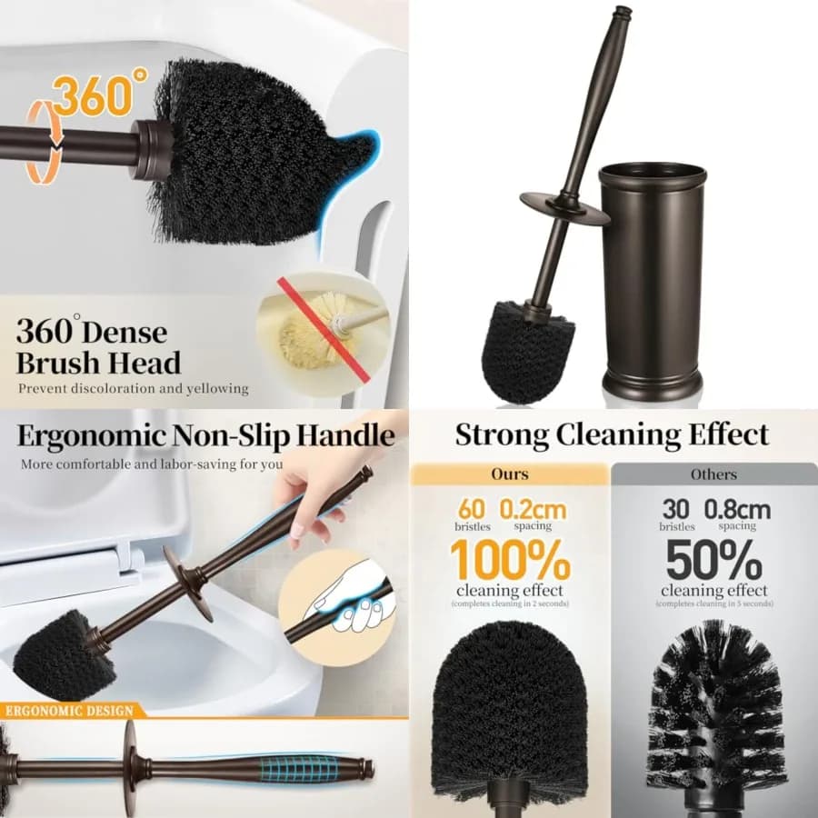 Set Portascopino per WC: Spazzola per Pulizia Profonda del Bagno con Supporto per WC, Camper e Roulotte - Accessori Decorativi Moderni ed Eleganti per la Pulizia del WC - Bronzo