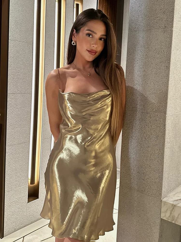 HH Women's Sexy Shinning Metallic Color Slip Mini Dress Woman Fashion Spaghetti Strap Pleated V-neck Slim Party Dresses