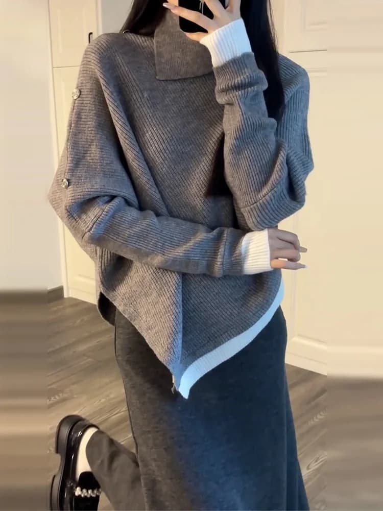 Maglione caldo lavorato a maglia a collo alto a pipistrello da donna, autunno inverno, top snellente che nasconde le imperfezioni, design asimmetrico, dolce ed elegante
