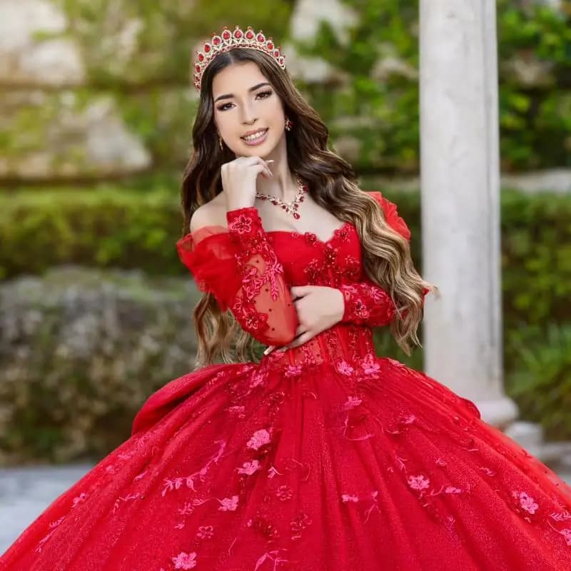 Personalizzato di lusso rosso lucido maniche lunghe abito Quinceanera paillettes applique pizzo fiore 3D fiocco abiti da 15 Quinceanera