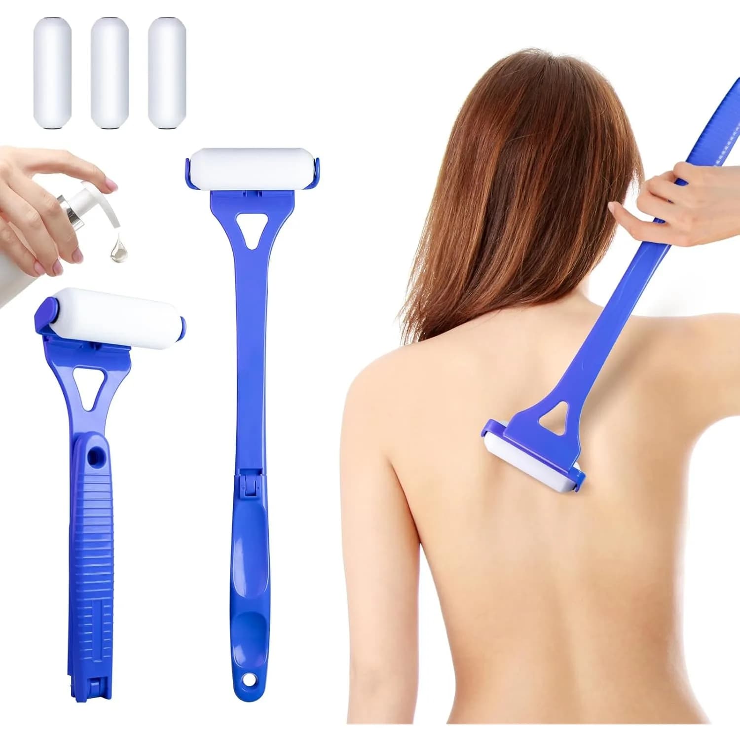 3 reusable foam roller lotion applicators: long-range folding handle for back/body, solar protection, moisturizing and self-locking (blue)