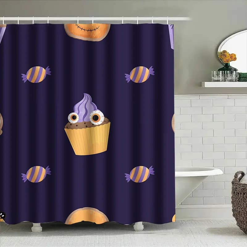 1pcHalloween Cupcake Tenda da doccia Simpatico modello da dessert Decorazione da bagno in tessuto blu scuro